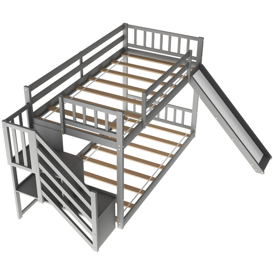 Gray Twin Over Twin Bunk Bed with Stairway and Slide