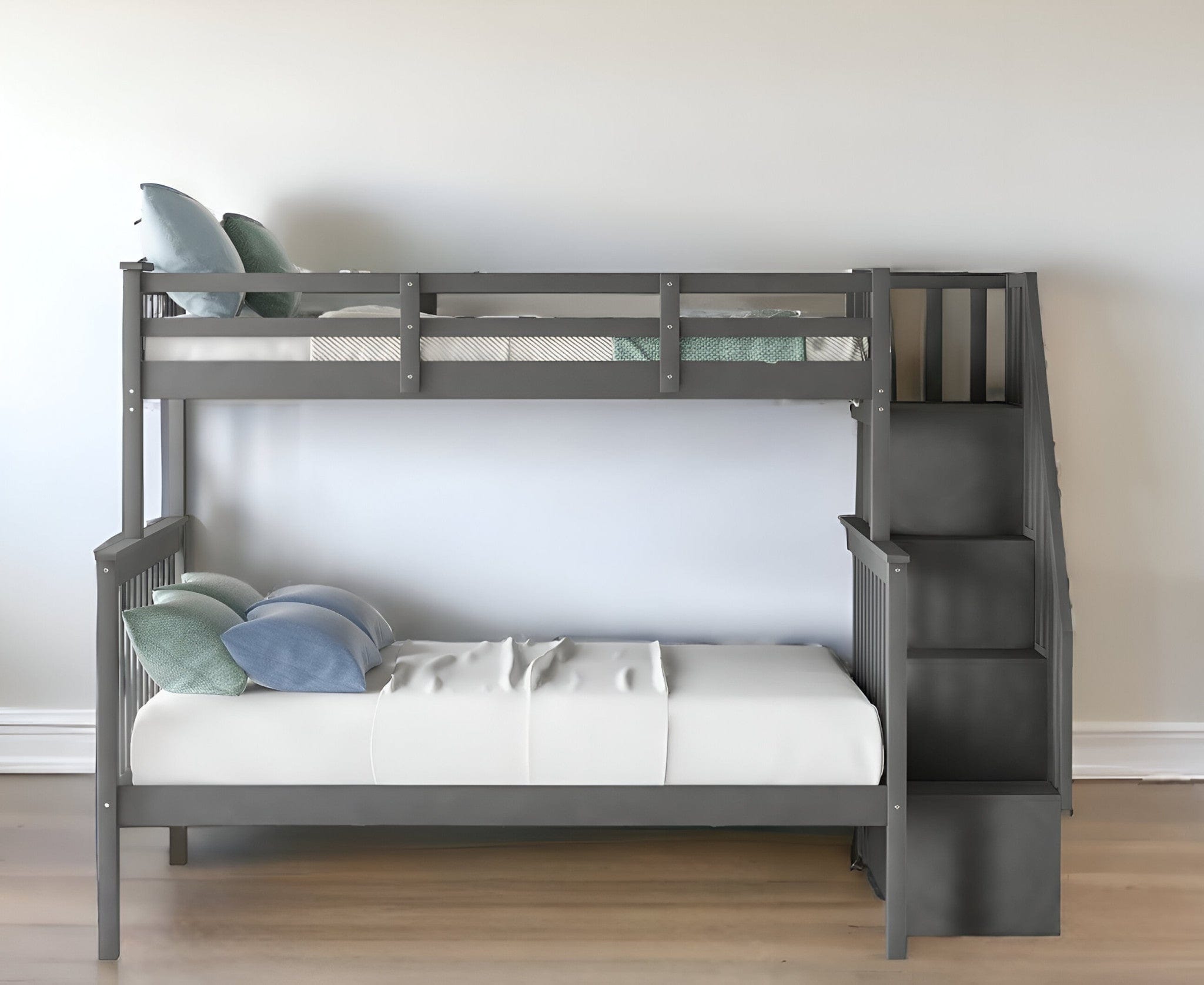 Gray Twin Over Full Contemporary Bunk Bed With Stairs And Shelves - Homeroots