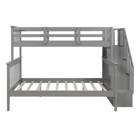 Gray Twin Over Full Contemporary Bunk Bed With Stairs And Shelves - Homeroots