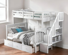 White Twin Over Full Contemporary Bunk Bed With Stairs And Shelves