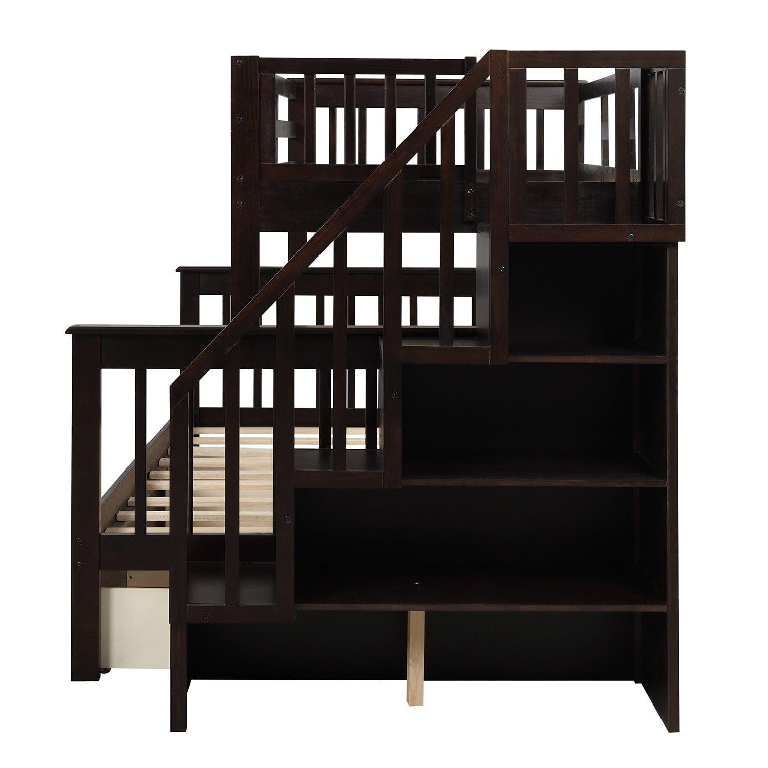 Espresso Twin Over Full Contemporary Bunk Bed With Stairs And Shelves - Homeroots