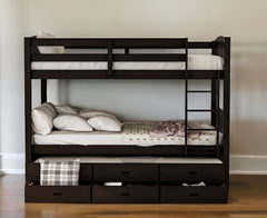 Twin over Twin Wood Bunk Bed Trundle Drawers Espresso