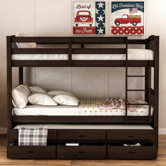 Twin over Twin Wood Bunk Bed Trundle Drawers Espresso