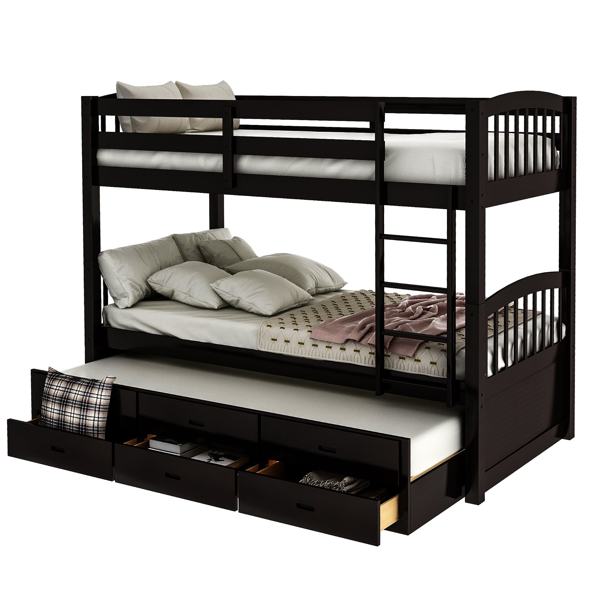 Twin over Twin Wood Bunk Bed Trundle Drawers Espresso