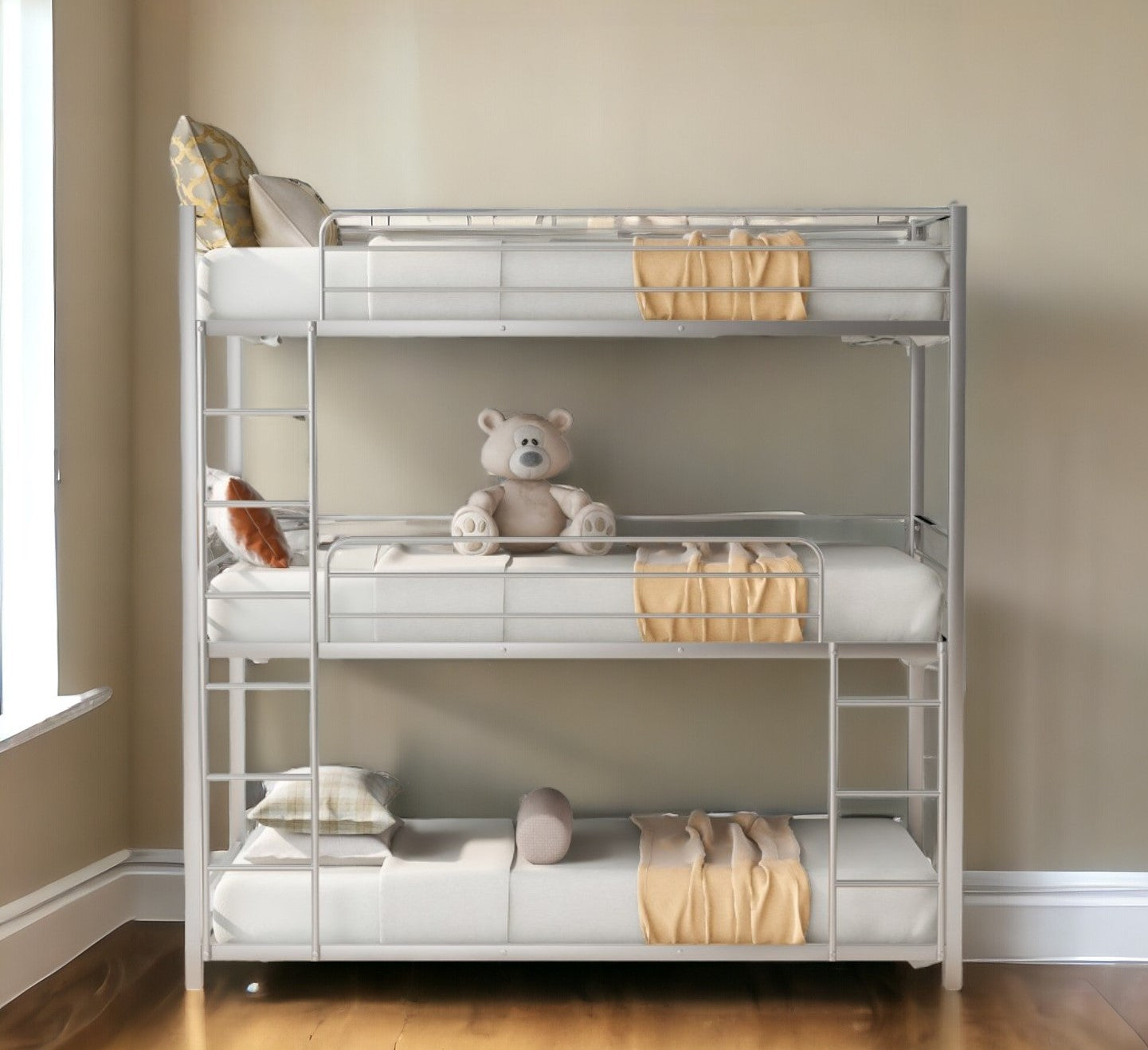 Silver Twin Over Twin Over Twin Traditional Bunk Bed