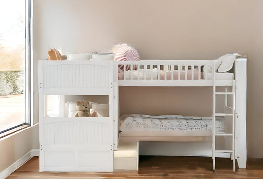 White Twin Size Bunk Bed with attached Loft Bed and Drawers