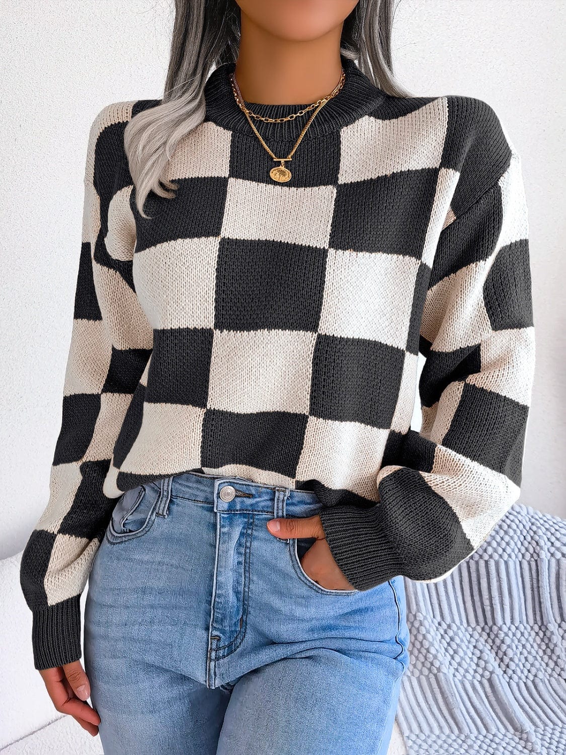 Checkered Mock Neck Long Sleeve Sweater - Trendsi