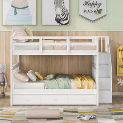 White Double Full Size Stairway Bunk Bed With Drawer