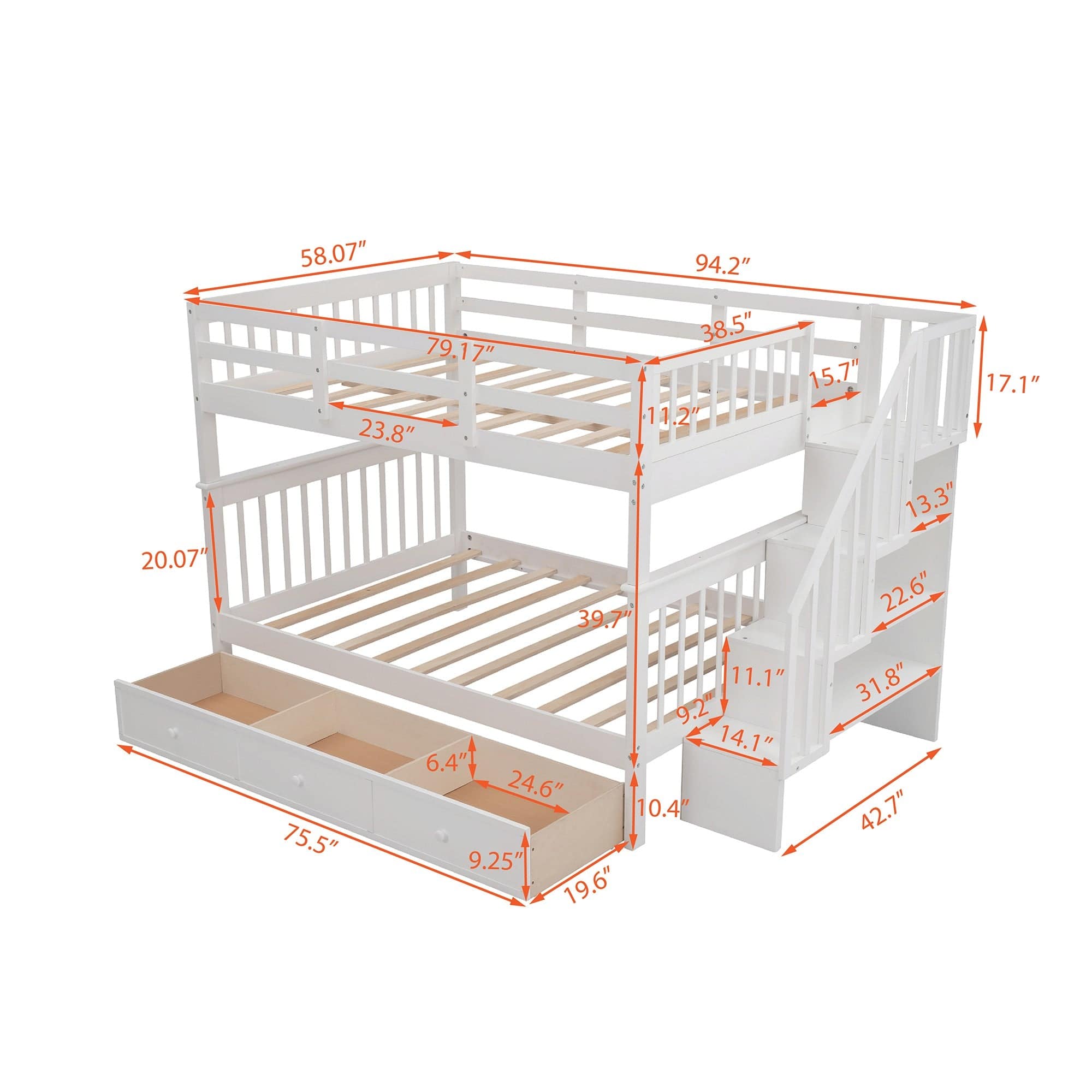 White Double Full Size Stairway Bunk Bed With Drawer