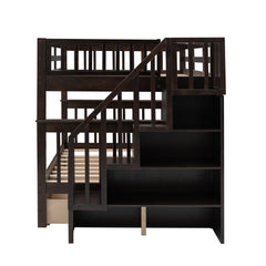 Brown Double Full Size Stairway Bunk Bed With Drawer