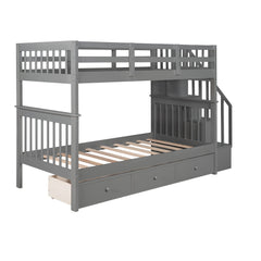 Gray Twin Over Twin Bunk Bed with Stairway and Drawers