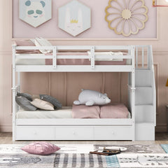 White Twin Over Twin Bunk Bed with Stairway and Drawers