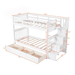 White Twin Over Twin Bunk Bed with Stairway and Drawers