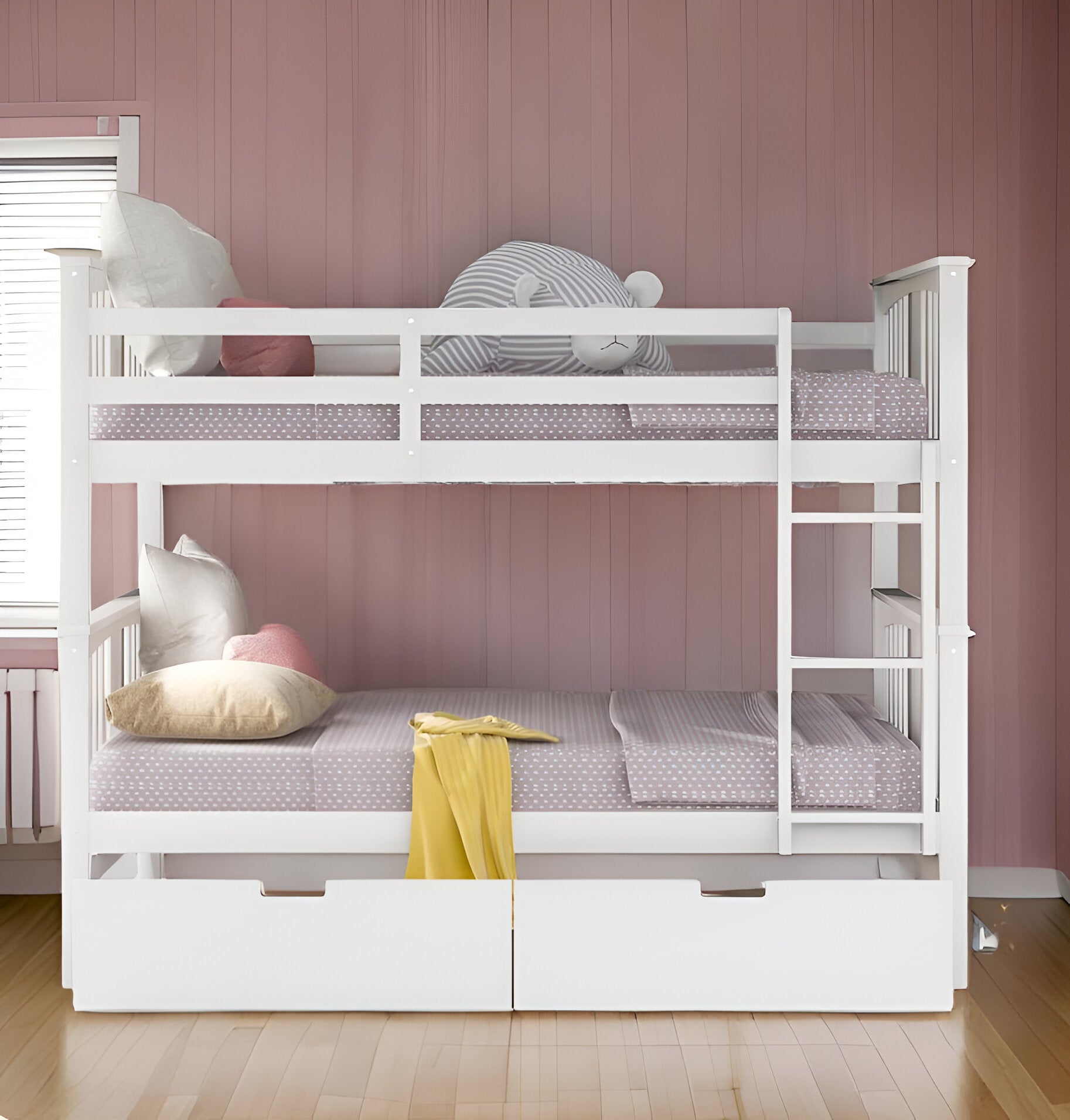 Modern White Full Over Full Bunk Bed with Two Drawers