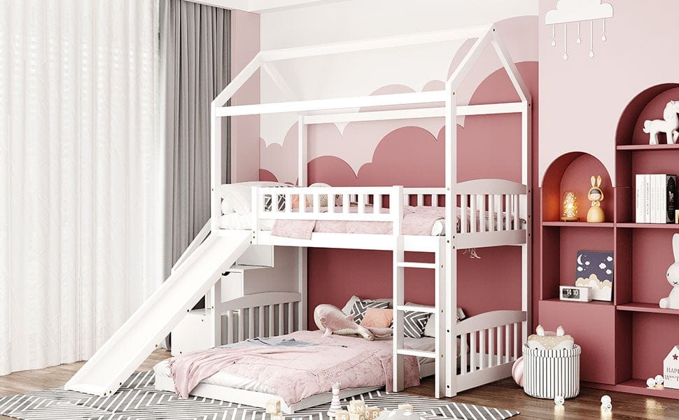 White Twin Over Twin PlayHouse Perpendicular Bunk Bed with Slide