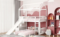 White Twin Over Twin PlayHouse Perpendicular Bunk Bed with Slide