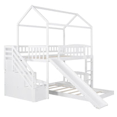 White Twin Over Twin PlayHouse Perpendicular Bunk Bed with Slide