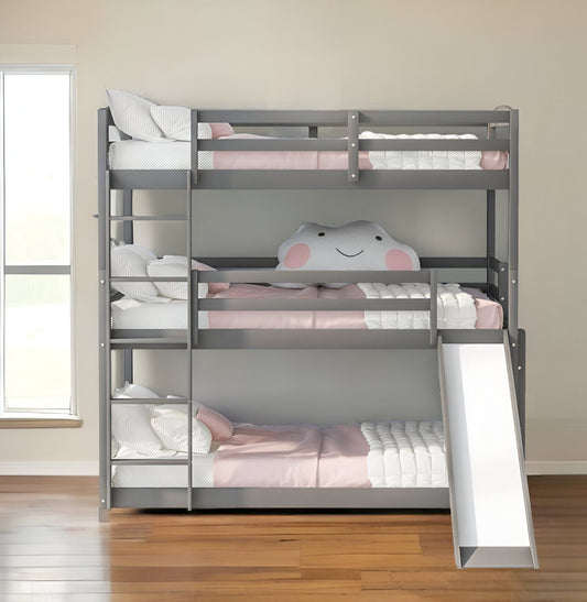 Gray Triple Bunk Twin Sized Bed with Slide - Homeroots