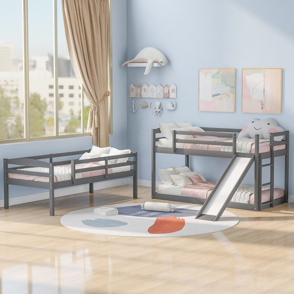 Gray Triple Bunk Twin Sized Bed with Slide - Homeroots