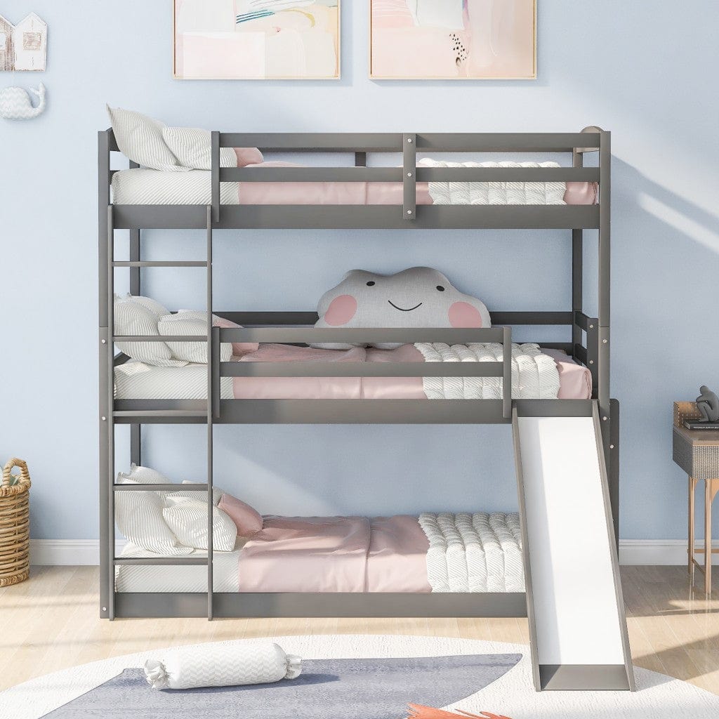 Gray Triple Bunk Twin Sized Bed with Slide - Homeroots