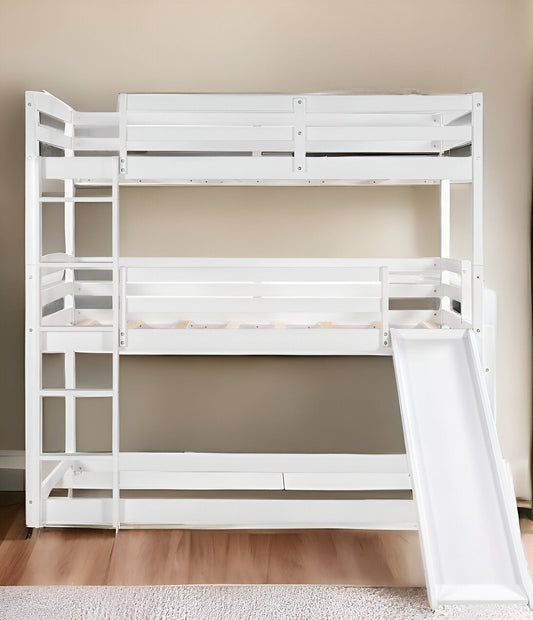 White Triple Bunk Twin Sized Bed with Slide