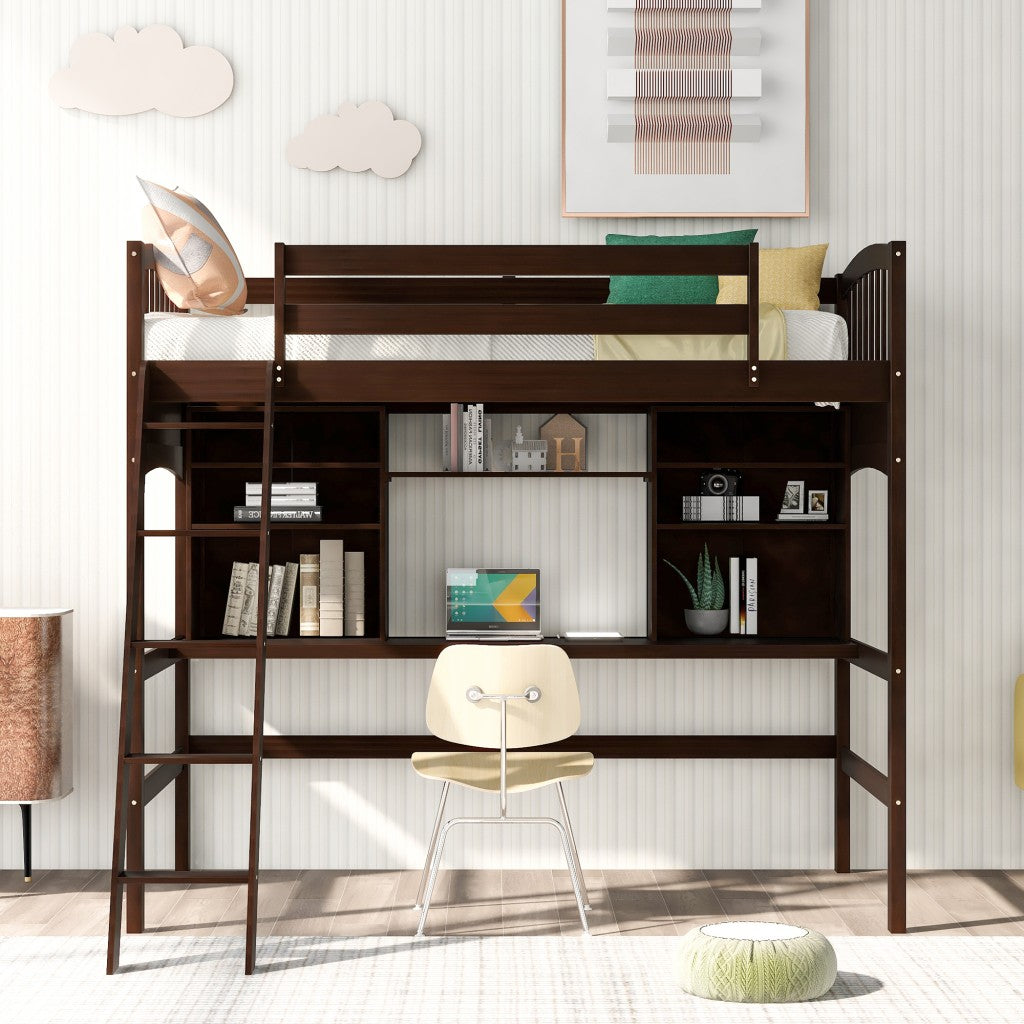 Brown Twin Size Loft Bed with Desk and Shelves