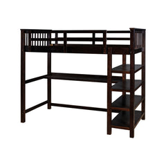 Espresso Twin Size Wood Loft Bed with Storage Shelves and Desk