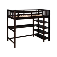 Espresso Twin Size Wood Loft Bed with Storage Shelves and Desk