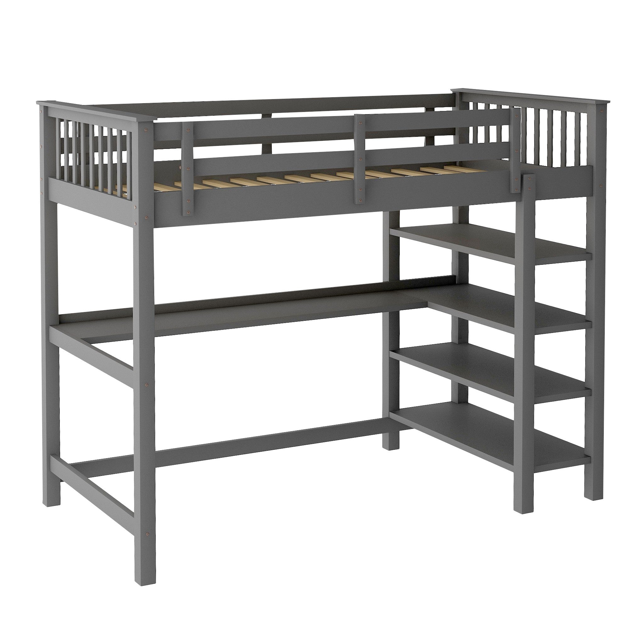 Gray Twin Size Wood Loft Bed with Storage Shelves and Desk