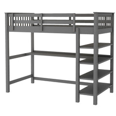 Gray Twin Size Wood Loft Bed with Storage Shelves and Desk