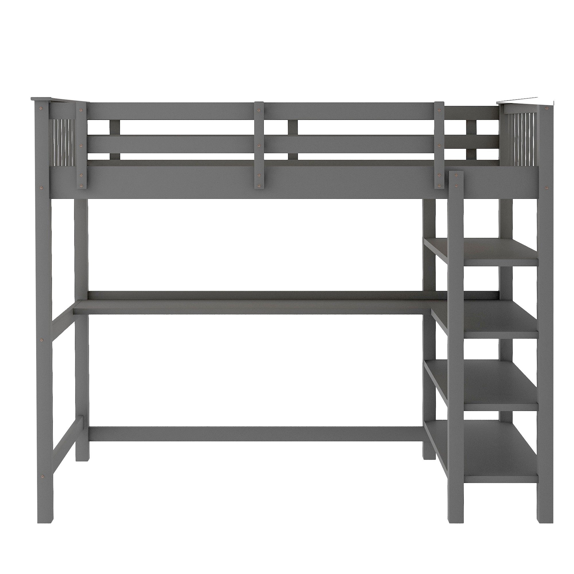 Gray Twin Size Wood Loft Bed with Storage Shelves and Desk