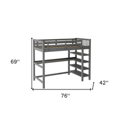 Gray Twin Size Wood Loft Bed with Storage Shelves and Desk