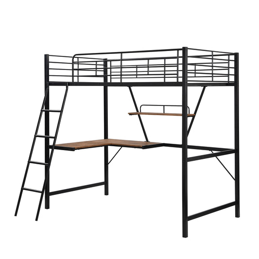 Black Metal Loft Bed with L Shaped Desk and Shelf