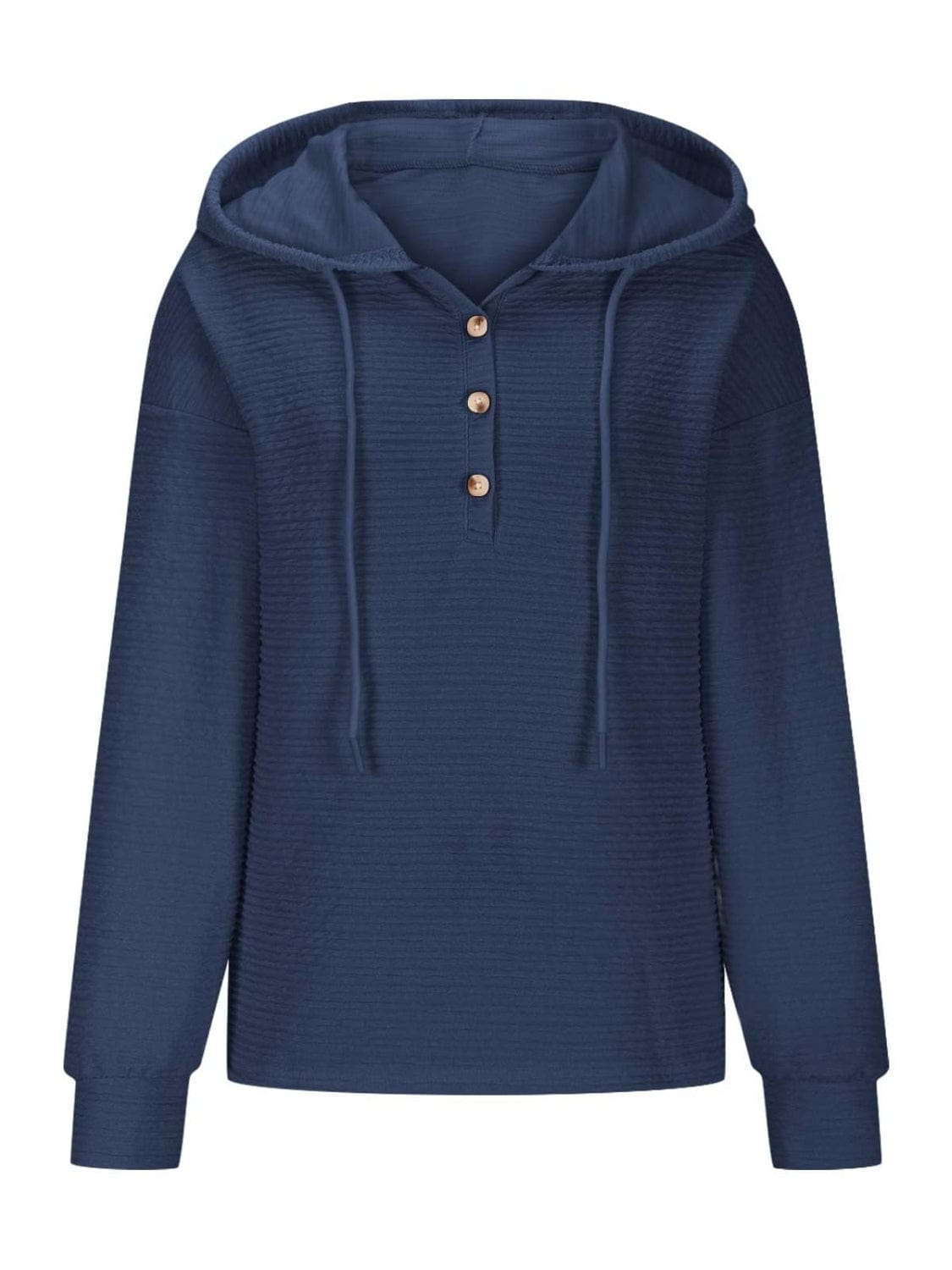 Drawstring Quarter Button Long Sleeve Hoodie - Trendsi