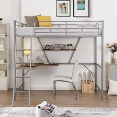 Silver Metal Loft Bed with L Shaped Desk and Shelf