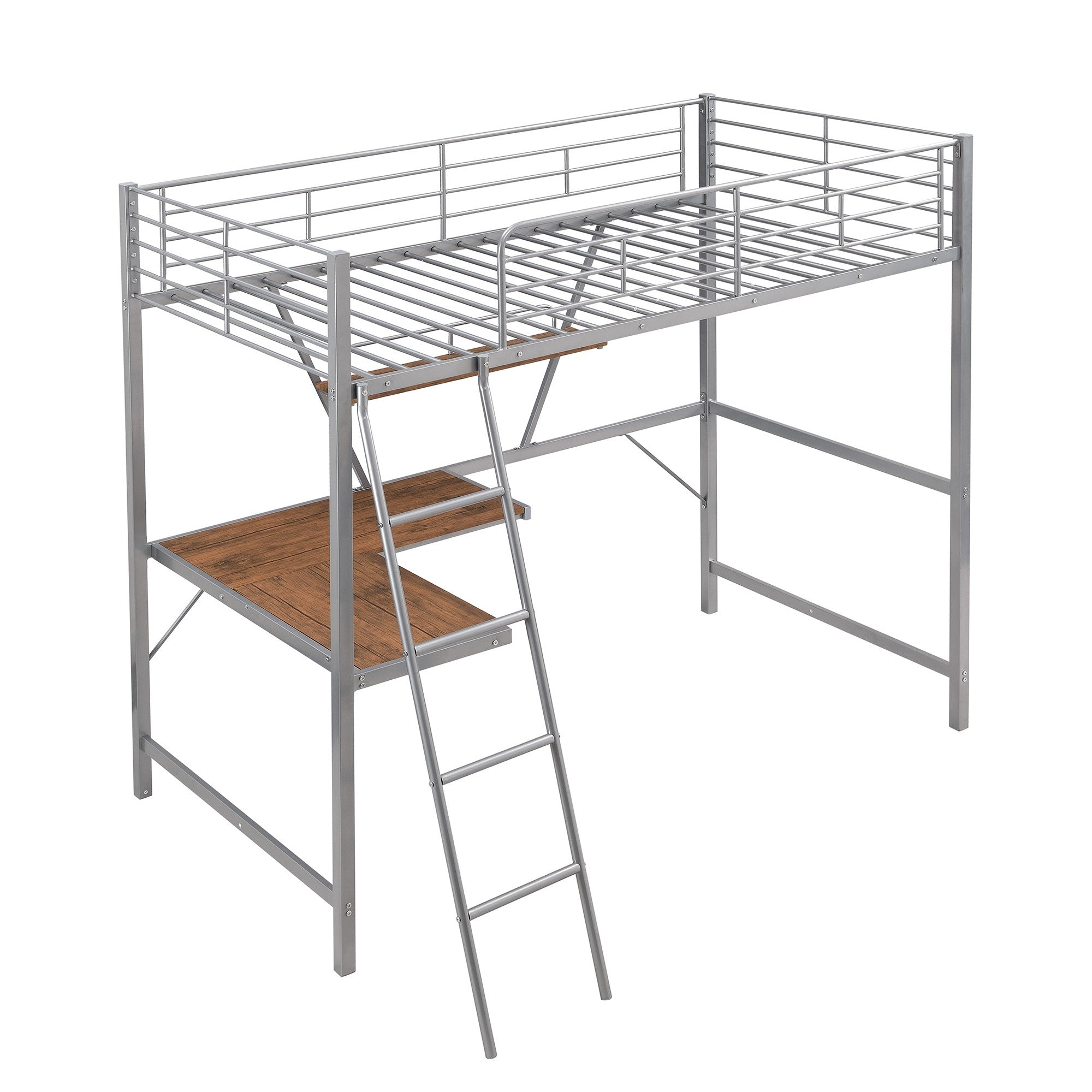 Silver Metal Loft Bed with L Shaped Desk and Shelf