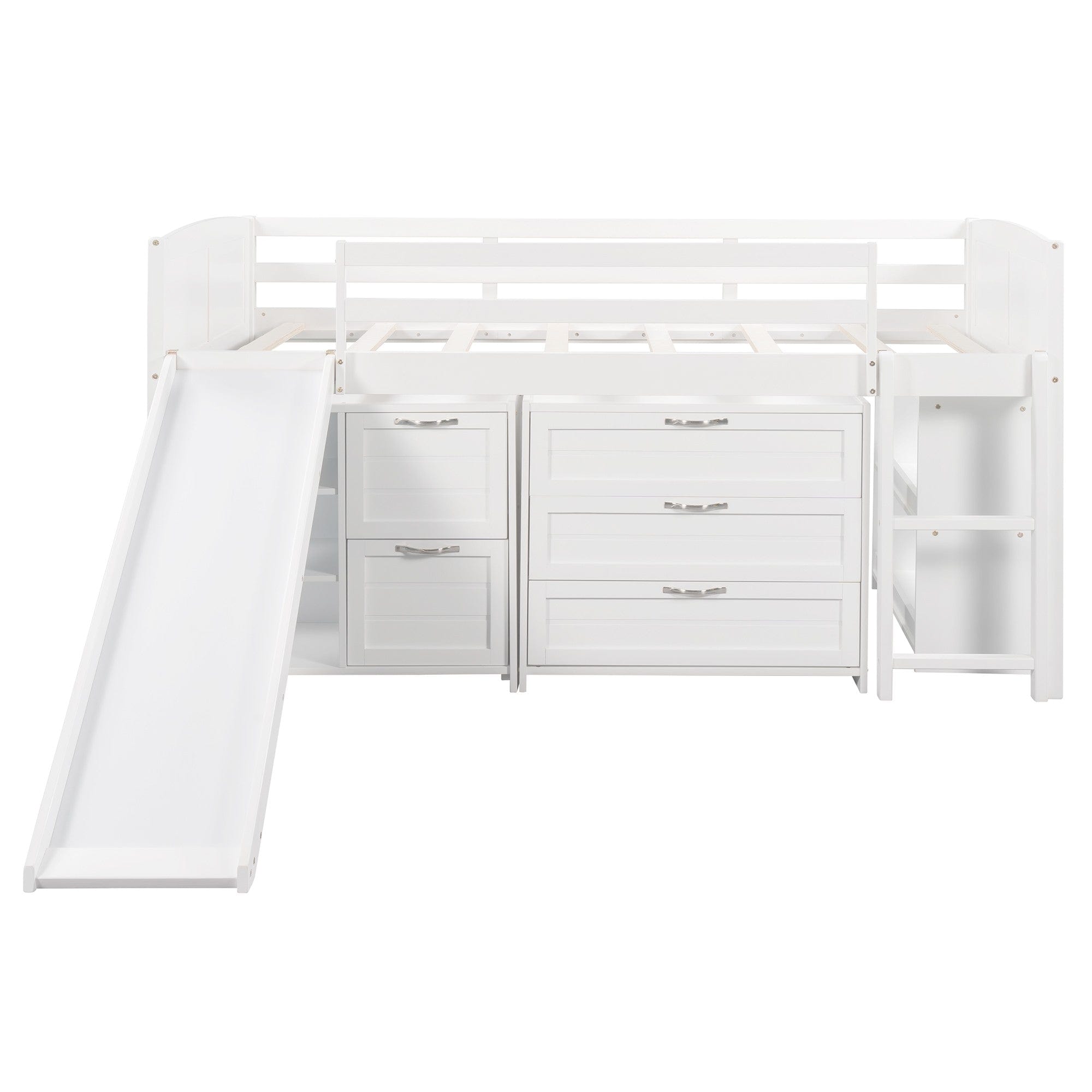 White Twin Size Low Loft Bed With Cabinets and Slide