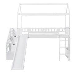 White Twin Size Playhouse Loft Bed With Drawers and Slide