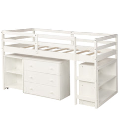 White Low Twin Loft Bed With Cabinet and Desk