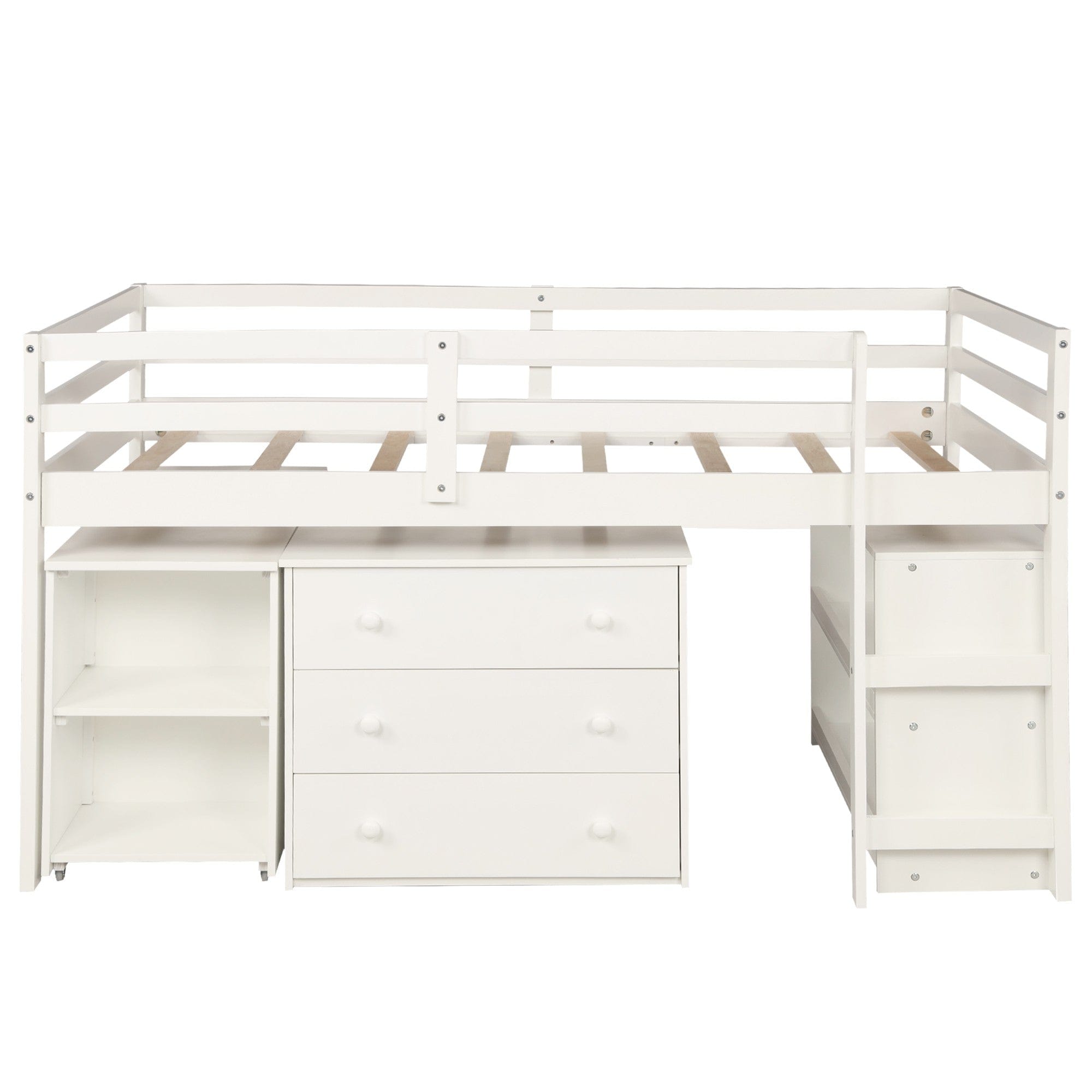 White Low Twin Loft Bed With Cabinet and Desk