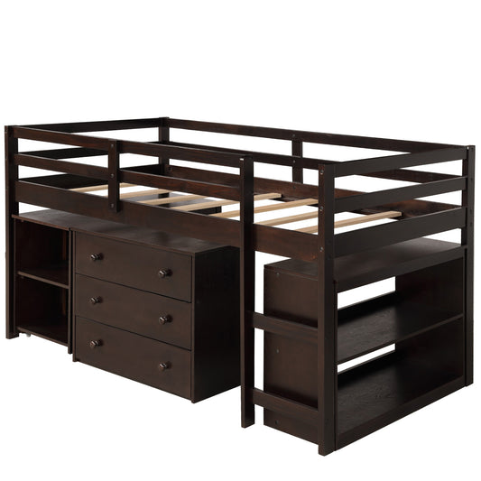 Brown Low Twin Loft Bed With Cabinet and Desk