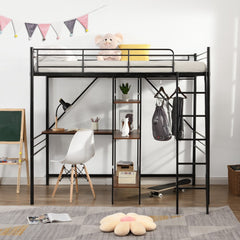 Black Twin Size Metal Loft Bed With Desk and Shelves