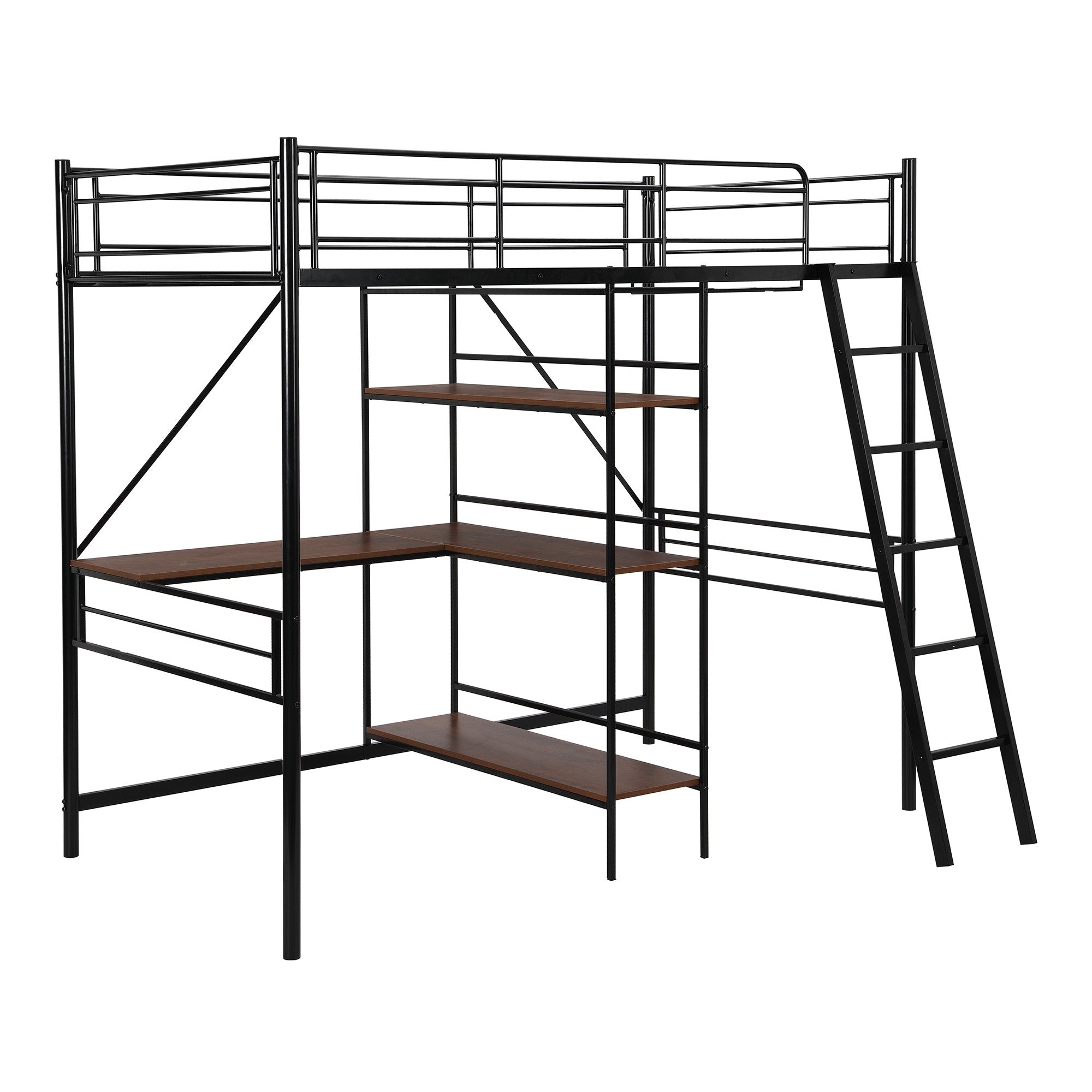 Black Twin Size Metal Loft Bed With Desk and Shelves