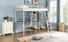 White Twin Size Metal Loft Bed With Desk and Shelves