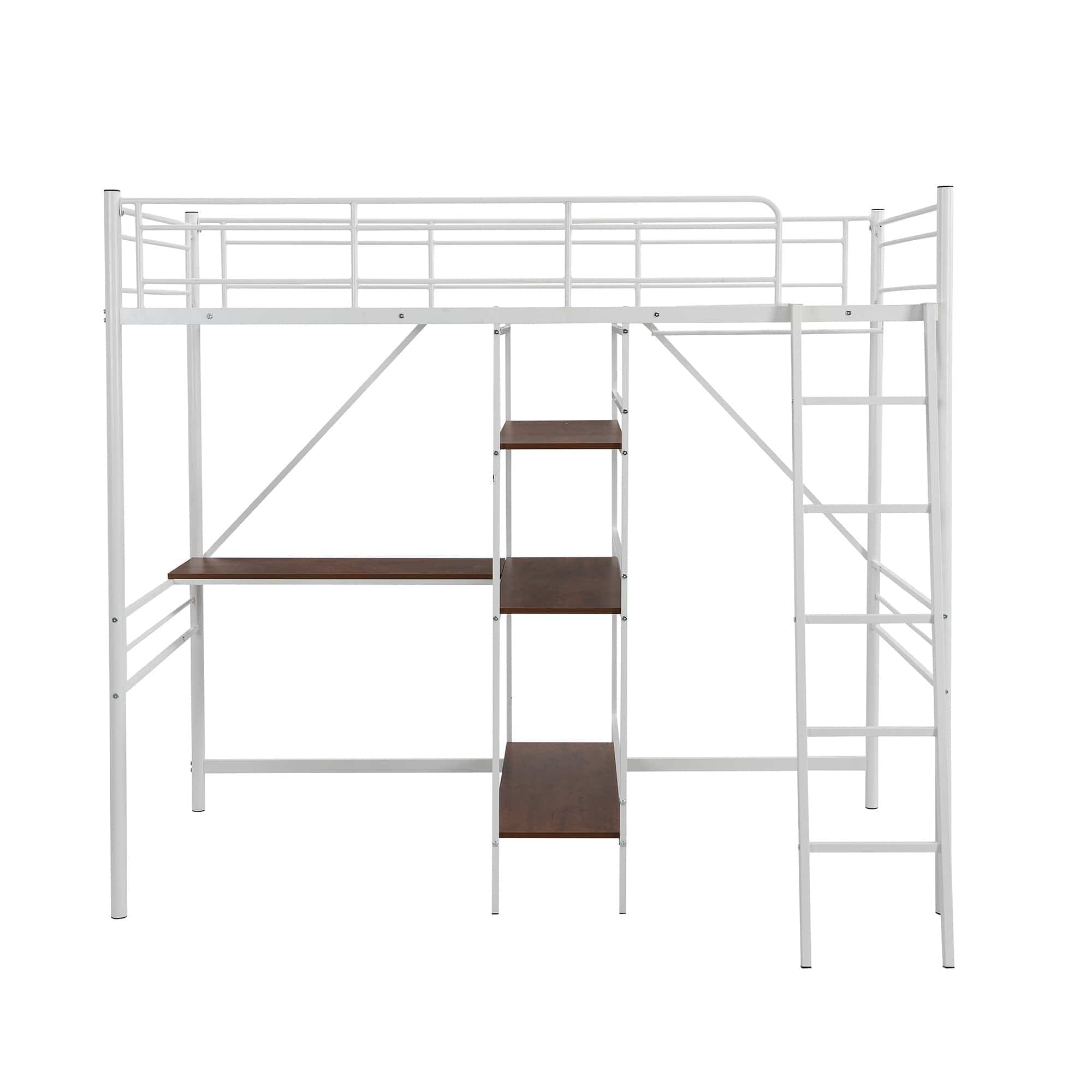 White Twin Size Metal Loft Bed With Desk and Shelves