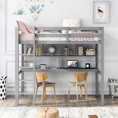 Gray Twin Loft Bed With Desk and Shelves