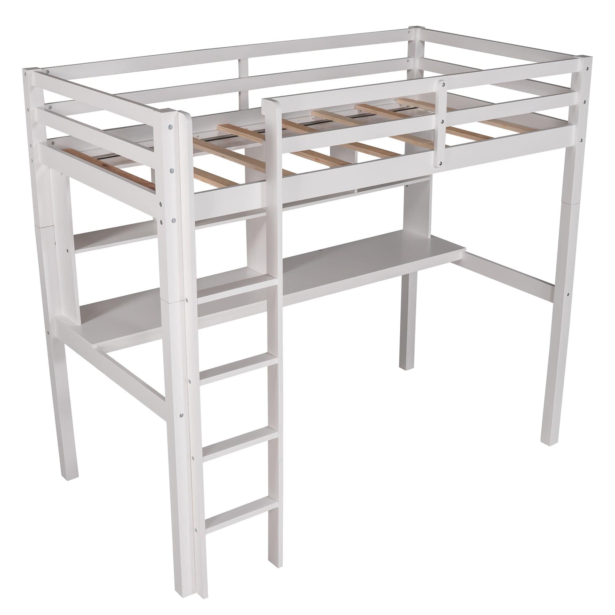 White Twin Loft Bed With Desk and Shelves