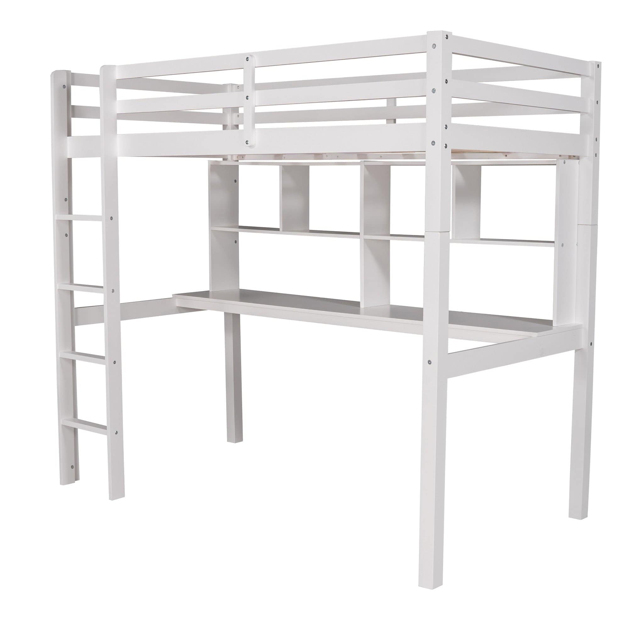 White Twin Loft Bed With Desk and Shelves