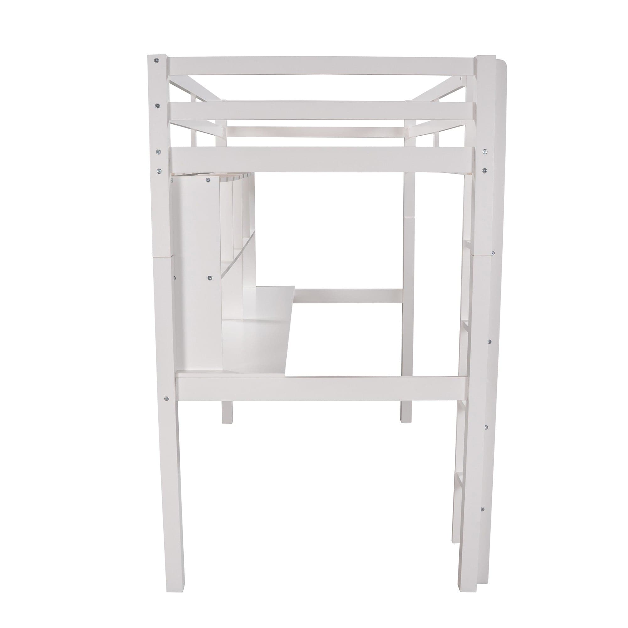 White Twin Loft Bed With Desk and Shelves