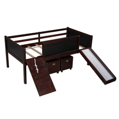 Climbing Frame Dark Brown Twin Size Loft Bed with Slide and Storage Boxes